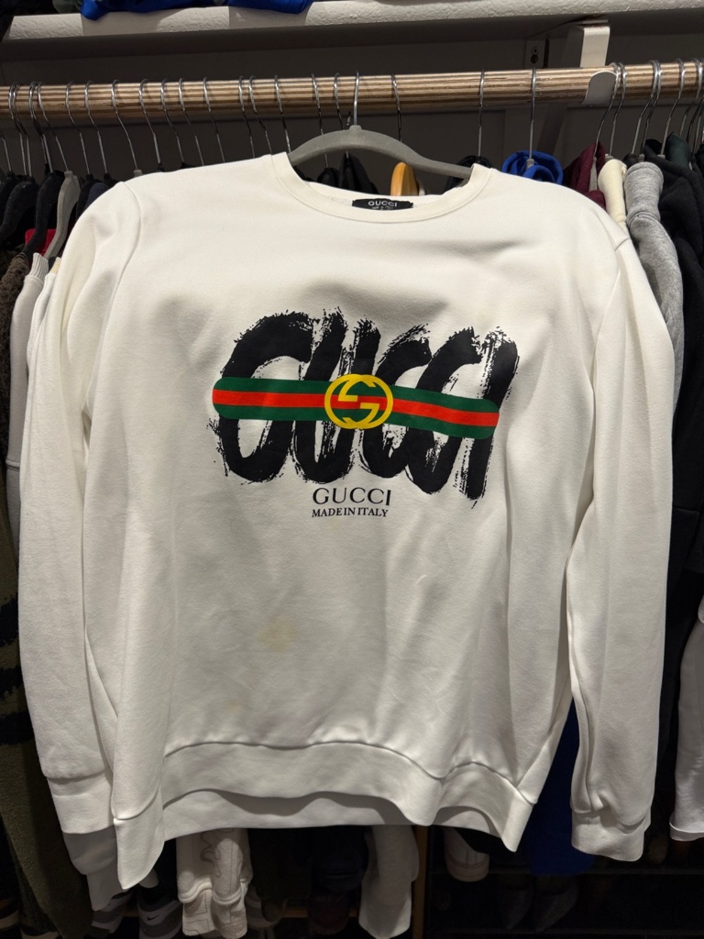 Gucci White Crewneck Sweatshirt with Black Logo and Green-Red Stripe